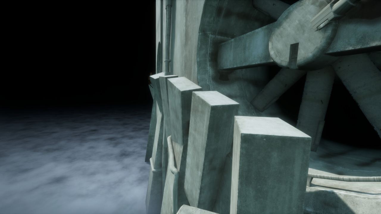 Climbing the concrete fins of a giant turbine-like structure above the fog in VHOLUME